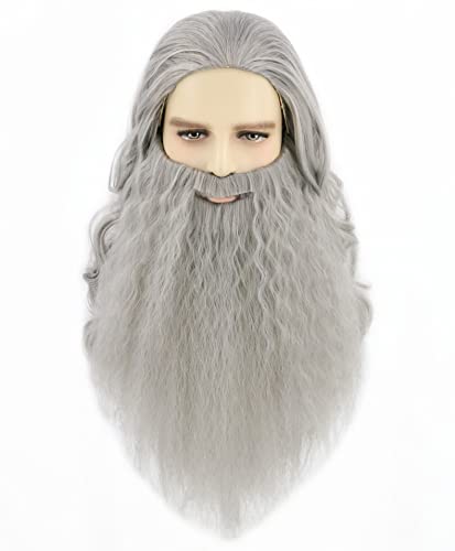 LeMarnia Grey Men's Long Curly Wig and Beard Halloween Cosplay Costume Wig, Gray, 18 Inch (Pack of 1)
