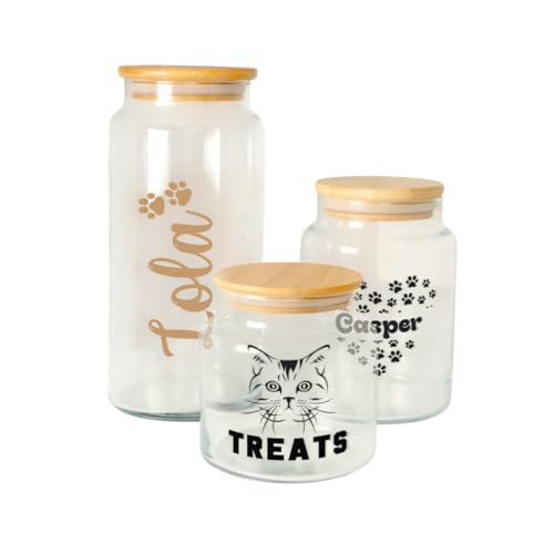 asrincodesigns Personalized Glass Pet Food Container, Custom Cat Name Treat Storage Jar, Pet Owner Gift, Wooden Lid Glass Reward Jar, Pet Treat Canisters