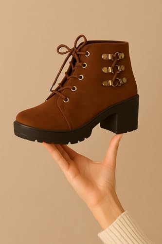 Image of Women's Ankle Boots | Stylish & Trendy Lace Up Design Fashion High Ankle Chelsea Boot with Heel | Durable Suede Leather Stylish Block Heeled Western Boots For Girls & Women