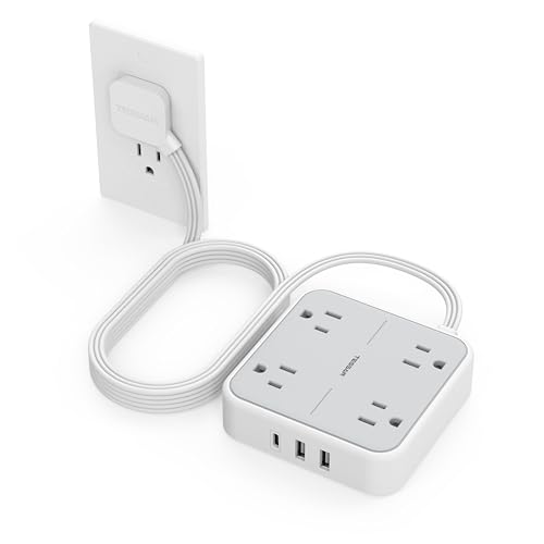 Image of Extension Cord 10 ft, TESSAN Surge Protector Power Strip Long Cord with 3 USB(1 USB C) 4 Outlets, 900 Joules Protection, Small Desktop Multiple Charging Station for Home School Dorm Room Office, Grey