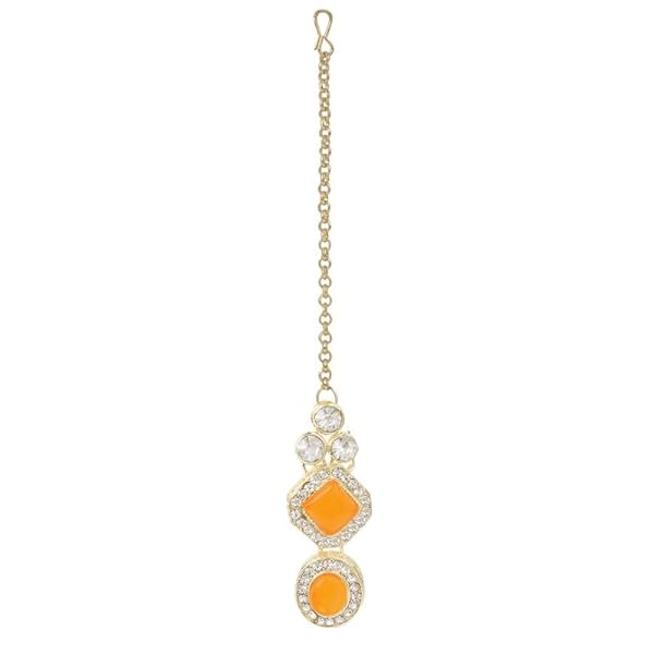 TANAIRA Yellow Color Stones Choker Necklace Earrings Maangtika Set For Women & Girls/Gold Color crystal Bridal Jewellery Set for Wedding |Birthday Gift for girls and women Anniversary Gift for Wife - Image 7