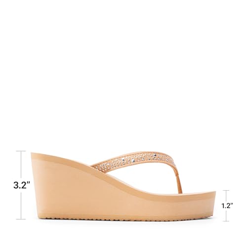 DREAM PAIRS DREAM PAIRS Women's Platform Flip Flop Rhinestones Arch Support Comfortable Soft Cushion Wedge Flip Flops Summer Thong Sandals,Size 9,Nude,SDFF2222W