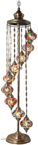 DEMMEX Turkish Moroccan Mosaic Floor Lamp, 9 Globes, 6ft Tall – Tiffany Style Standing Decorative Boho Lamp with Colorful Globes for Bedroom, Living Room, Entryway – Handmade in Turkey, Multicolor