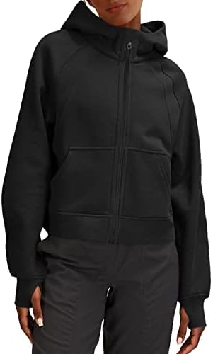 LASLULU Womens Fuzzy Cropped Hoodies Sport Athletic Zip Up Hoodie Stand Collar Sweater Fleece Lined Sweatshirt Long Sleeve Pullover Tops Pockets(Black-Small)