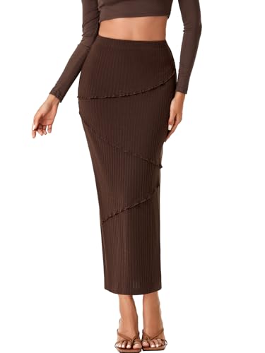 Rooscier Women's High Waisted Ribbed Knit Bodycon Casual Midi Pencil Skirt with Back Split4