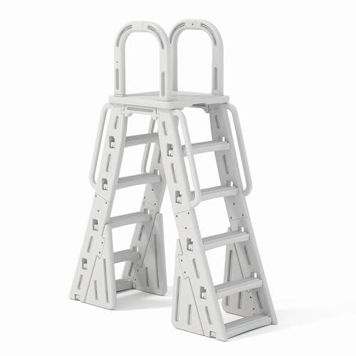 GarveeLife A-Frame Pool Ladder for 48-56 Inch Above Ground Pools, Heavy Duty 400lbs Capacity, Anti-Slip Safe Steps,Stable Pool Entry Stairs with Handrails & Safety Barrier, Durable HDPE Material,White