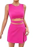 WDIRARA Women's 2 Piece Outfit Cut Out Waist Crop Tank Top and Split Hem Skort Set Hot Pink XS