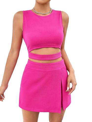WDIRARA Women's 2 Piece Outfit Cut Out Waist Crop Tank Top and Split Hem Skort Set Hot Pink XS