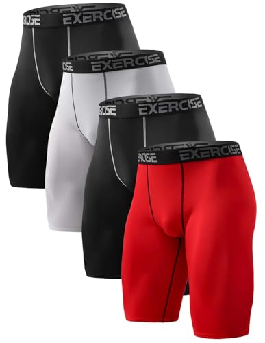 ATTIQOZI 4 Pack Herren Kompressionsshorts Atmungsaktive Base Layer Unterziehhose Herren Fußball Männer Schnelltrocknendes Laufunterwäsche für Baseball Gym Lauftraining Schwarz/Grau/Schwarz/Rot L