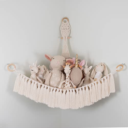 Image of Macrame Stuffed Animal Hammock - Wall Hanging Toy Net with Hand-Made Tassels - Plushie Storage Organizer - Boho/Bohemian Nursery, Kids Room, Playroom & Home Decor.