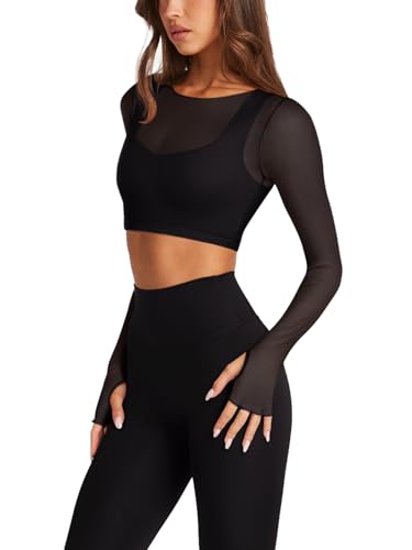 LASLULU Mesh Long Sleeve Crop Tops for Women Double Lined Workout Athletic Gym Shirts Cropped Tops with Built in Bra2