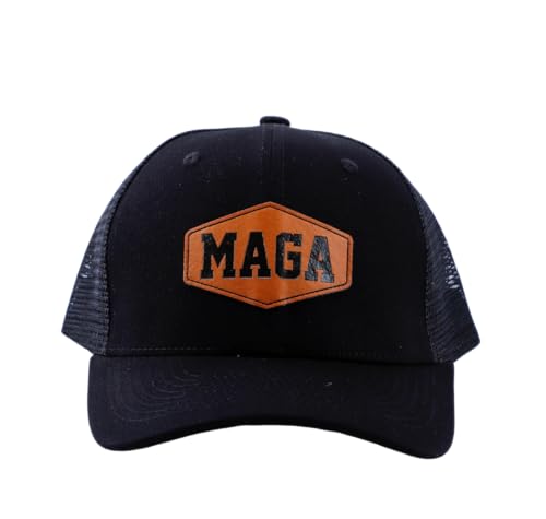 Maga Black Mesh Trucker Hat with Leather Patch