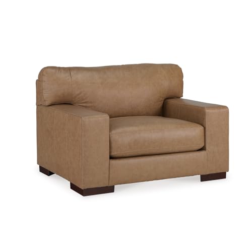 Signature Design by Ashley Lombardia Contemporary Oversized Accent Chair with Foam Cushions, Exposed Feet with Faux Wood Finish, Leather, 20' Seat Height, Brown