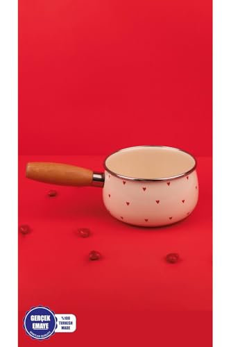 Generic Cupid Heart Pattern Enamel Sauce Pan, 16cm, 1.3L Capacity, Wood Handle, Aluminum, Compatible with All Cooktops Including Induction