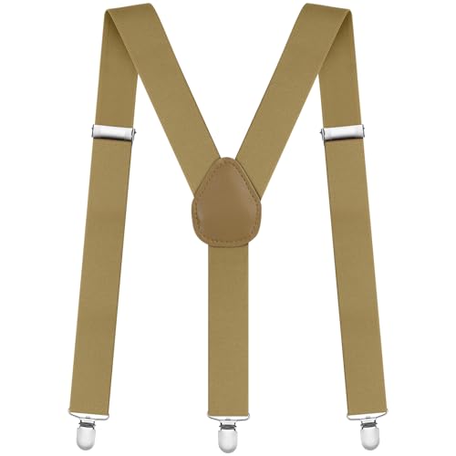 Aomig Hosenträger für Herren - Stark Breit 3,5 Cm mit Sehr Starken 4 Metall Clips Länge Einstellbar Elastisch Einheitsgröße Hosenträger Männer und Damen Breit Lang Y Style (Kamel)