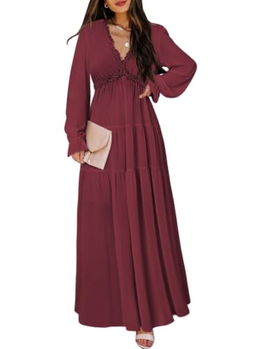Image of BLENCOT Womens Casual Boho Floral Deep V Neck Long Sleeve Maxi Dress | Long Ruched Party Maxi Wedding Dress; Flowy Comfortable Boho Dresses