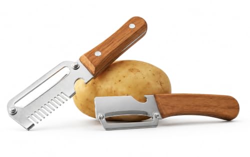 Image of 3 in 1 and 2 in 1 Vegetable Peeler Combo Pack of 2 Stainless Steel Wooden Handle Sharp Potato Peeler Julienne Cutter Fruit Vegetable Slicer Ergonomic Kitchen Tool for Potato Carrot Cucumber Apple