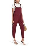 Jacansi Women's Dungarees Casual Loose Long Overalls Baggy Cotton Rompers Jumpsuits with Pockets Wine Red XL