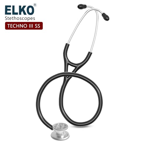 Image of ELKO TECHNO III SS Stainless Steel Stethoscope with ENGRAVING | Engrave Your Name or Initials on the Chest Piece | Lightweight Double-Sided Stainless Steel Chest piece | Two-Way PVC Tubing | Ideal for Doctors & Medical Students (Black)