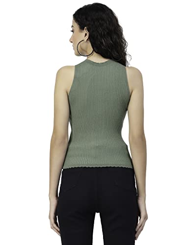 Image of Kalt Womens Knitted, Ribbed Cotton Fitted Sleeveless Round Neck Cami Tank Top
