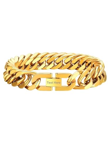 PROSTEEL Pulsera Personalizable Pulsera Dorada Gruesa para Hombre 21cm Largo 12mm Pulsera Ancha de Cadena Cubana de Acero Inoxidable Brazalete Metal