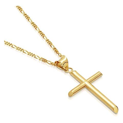 Dubai Collections Gold Figaro Chain Style Cross Pendant Necklace Solid plated Clasp for Men,Women Diamond Cut Cuban Link Box Easter Gift (20.0) Cover