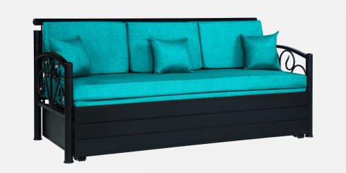 Image of 3 Seater Metal Sofa Cum Bed with Hydraulic Storage | Sofa Set for Living Room, Bedroom, Guest Room| Queen Size Convertible Sofa Bed | Comfortable Seating Sofa Seablue & Black