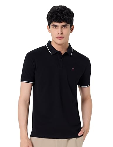 Image of Louis Philippe Men's Slim Fit Single-Tuck Pique Stylized Sleeve Print and Contrast Tipping Half Sleeve Solid Polo Tshirt