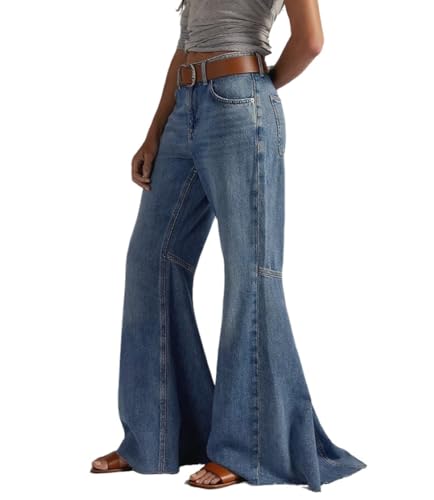 CHARTOU Women Patchwork Flared Denim Wide Leg Pants Y2k High Rise Floor Length Distressed Baggy Jeans