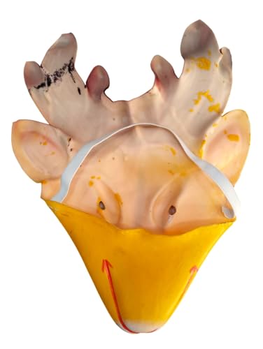 Image of BookMyCostume Swarn Mrig (Deer) Rubber Mask - Yellow & Brown Hand-Painted Folk Mask with Antlers | Ramayana Character for Festivals, Plays & Decor