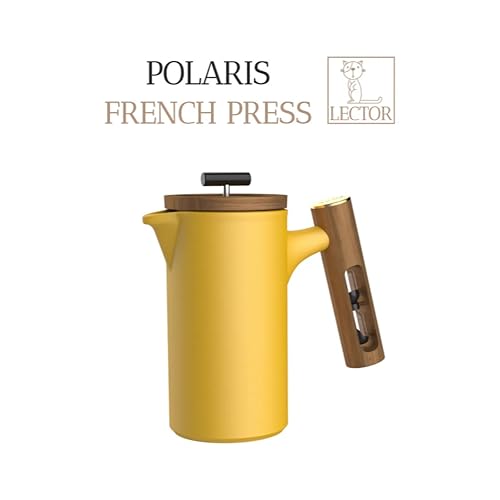 Image of Lector Polaris French Press Coffee Maker, 600ML, Ceramic Manual Coffee & Tea Brewer with Natural Wooden Handle & Lid | Strong Build, Superior Filtration, Innovative 4 Minute Hour Glass Timer (Yellow).
