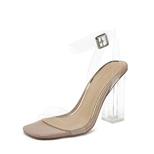 REDTOP Women's Clear Chunky Block High Heeled Sandals Square Open Toe Transparent Strappy Heel Shoes