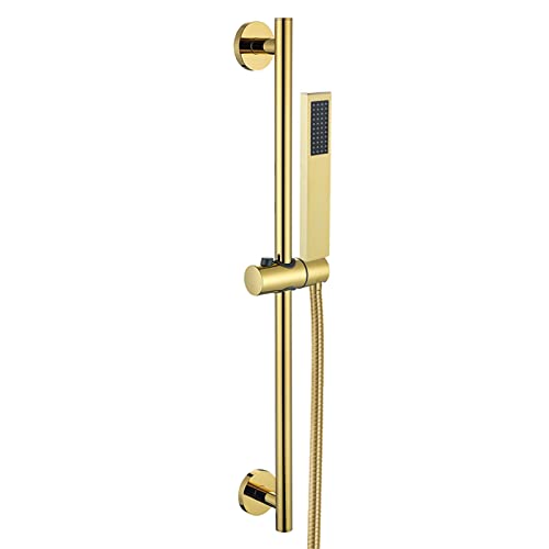 Yalsfowe Asta doccia con doccetta, soffione doccia a telefono con flessibile, soffione doccia ad alta pressione in ottone, asta doccia regolabile in altezza in acciaio inox,D'oro