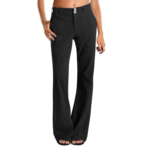 Womens Twill Pants Dressy Casual High Waisted Chino Pants Button Down Bootcut Straight Leg Work Trousers with Pockets