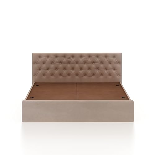 Image of Ganpati Arts Solid Sheesham Wood Upholstered Queen Size Bed with Box Storage and Tufted Headboard | Durable Wooden Double Bed Cot Palang for Bedroom, Hotels and Home Furniture (Beige-1 Year Warranty)
