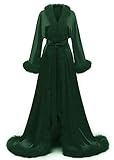 Yexinbridal Womens Feather Bridal Robe Luxury Fur Trim Silk Satin Lingerie Dressing Gown Nightgown Long Wedding Party Emerald Green S/M