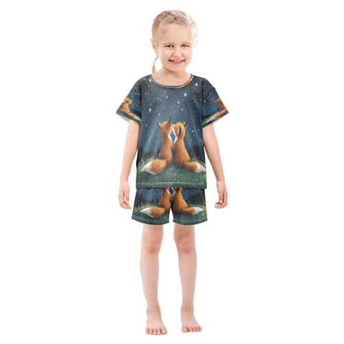 ALAZA Fox Space Starry Sky Pajamas Set Short Sleeve Cotton Sleepwear Summer Pjs 2 Piece 5-14Y3
