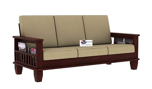 Image of Wooden Sheesham Wood Sofa Set 3 Seater for Living Room Furniture /Office Furniture Sofa Set | Without Pillow | Cream Cushions | Mahogany Finish