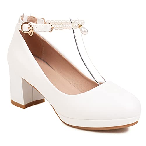 Women's Chunky Mid Block Heel Pumps Square Toe Buckle Strap Comfortable Mary Jane Office Dress Shoes