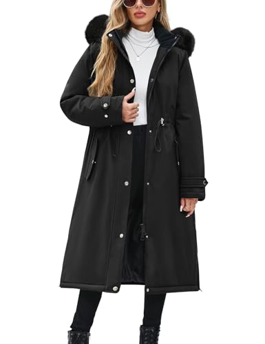 CMTOP Wintermantel Damen Lang Wasserabweisend Winddicht Mantel Damen, Fleece Gefüttert Warmer Winterjacke Elastischer Bund Winterparka Dicke Coat mit Abnehmbarer Kapuze und...