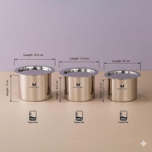 Image of MIKARA Stainless Steel Induction-Friendly Flat Bottom Tope Set, Mirror Finish, 525ml, 650ml & 750ml, Included Components: 3 Stainless Steel Topes