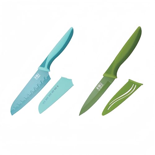 Fruit Paring Knife and Santoku Knife Set with Blade Guards