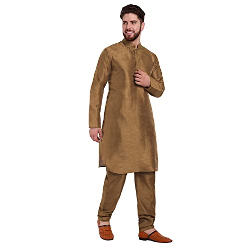 Image of SKAVIJ Men's Art Silk Solid Kurta Pyjama Set Festive Woven Design 2-Piece Ethnic Dress (KP055brown Brown XL)