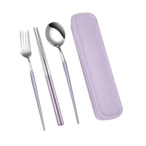 COLLBATH 3Pcs Portable Stainless Steel Travel Silverware Set with Case Spoon Chopsticks Fork for Camping Picnic Daily Use Adult Style Purple