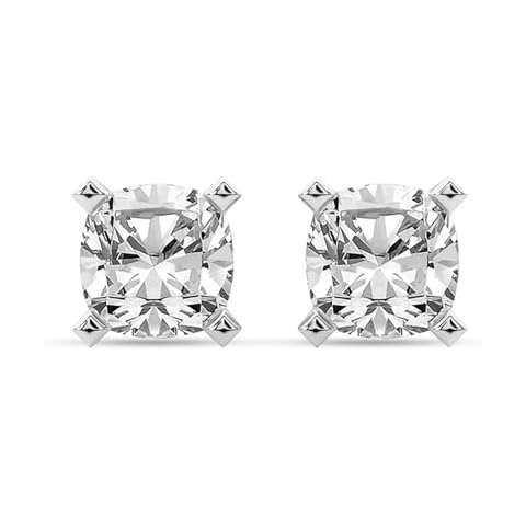 The Diamond Deal IGI Certified 3.00ct Carat Cushion Brilliant Lab-Grown Diamond 4-Prong Stud Earrings in 14k White Gold With Push Back Closure Cover