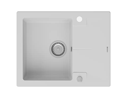 GRANMASTER Caro Spülbecken Küche - mit 1 Becken - Granitspüle mit Siphon Waschbecken Küche - Einbauspüle Arbeitsplatte Küchenspüle 59,5x47,5x17,2 cm Spüle Weiß mit Abtropffläche Cover