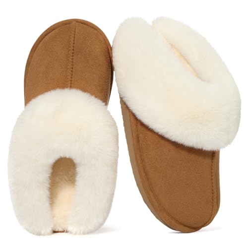 Litfun Fuzzy House Slippers for Women Fluffy Memory Foam Suede Slippers with Faux Fur Collar Indoor Outdoor, Brown, Size 7.5-8