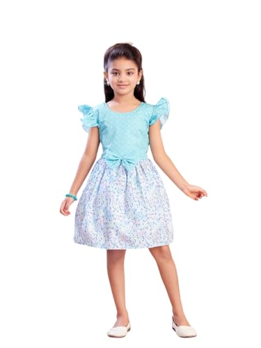 Image of Aarika Girls Casual Wear Firozi Colour Polka DotFloral Print Cotton Blend Frock