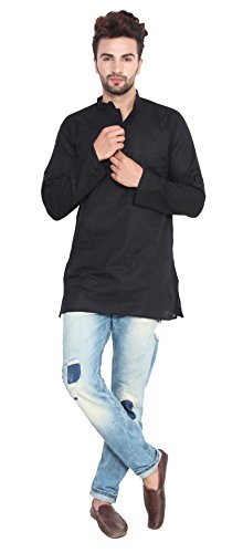 Indian Clothing Fashion Shirt Men's Short Kurta Cotton (Black, XL)
