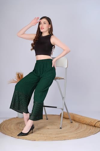Image of VIVIKA Chikankari Palazzo Pants for Women |Rayon Wide Leg Ethnic Palazo with Embroidery | Comfortable Elastic Waist Women's Palazzo for Casual, Festive & Office Wear